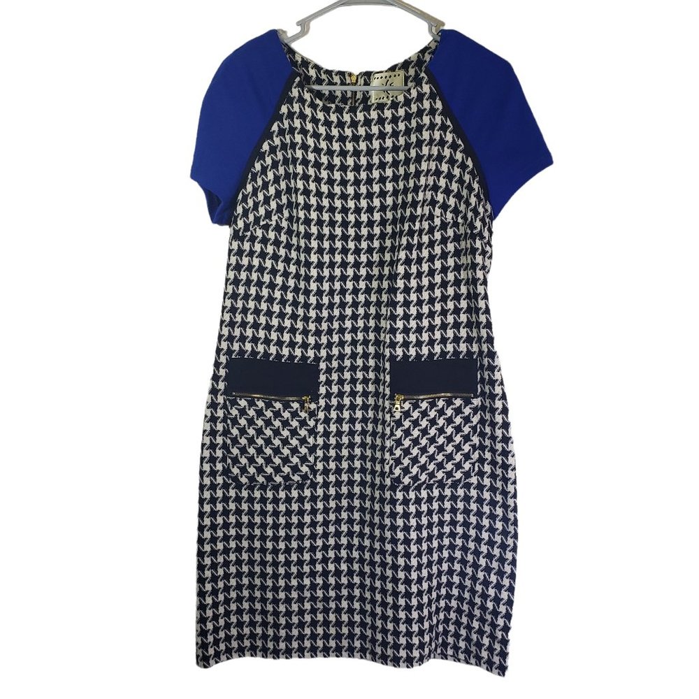 ICE Women's 8 Black, White, Blue Geometric Sheath, Knit, Vintage Dress